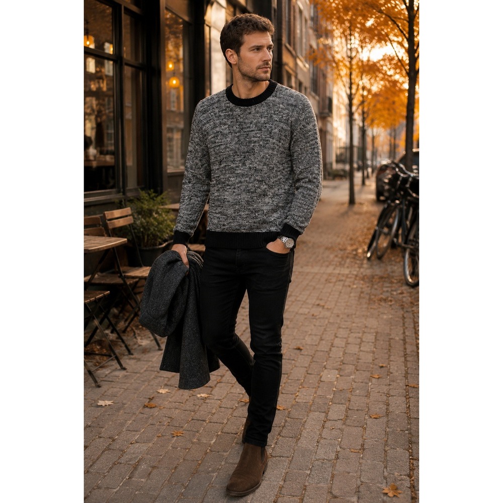 Cheap Monday Mens Contra Knit Crewneck Sweater Black White Marled Cotton Large‎